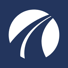 Circular white arrow on blue background.